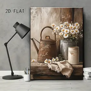 Charming Country Style Farmhouse Floral Canvas Print: White Daisies and Rusty Pots, Vintage Wood Grain Wall Art - Suitable for Office, Hallway, Living Room, Bedroom, Cafe, Bookstore Decoration. Perfect Gift for Halloween, Thanksgiving, Christmas, New Year