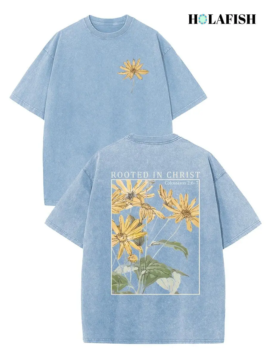 Holafish Acid Wash Vintage Rooted In Christ Double-sided Chrysanthemum Pattern T-Shirt Essential For Life Pure Cotton Streetwear Graphic Vintage Tees Menswear Womenswear Crewneck Tshirt