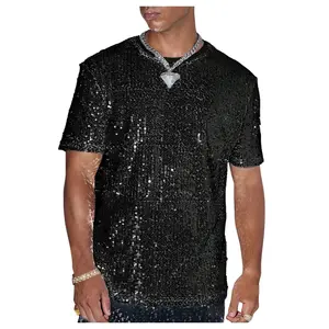 Sparkly Sequin Shirt Crew Neck Short Sleeve Shiny Tee Tops Nightclub Glitter T- Shirts