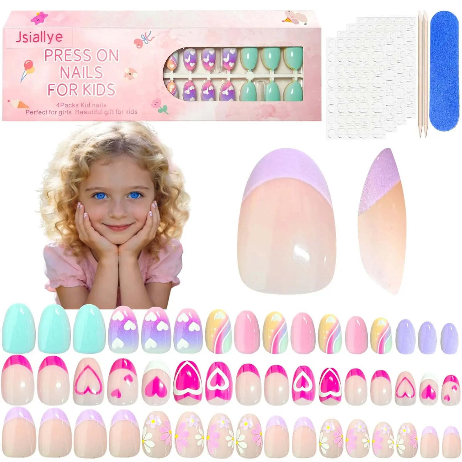 jsiallye 96pcs Press On Nails For Kids,3Packs Short Oval Kid Fake Nails Kit For Girls,Colorful Flower And Ombre Nails For Kids,False Nails with Nail Adhesive Tabs, Nail File Buffer For8-12year,16size,birthday  gifts holiday haul kawaii nail
