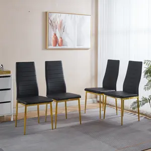 4-Piece High Back Dining Chair Set - Black PU Seat & Backrest with Golden Metal Legs - Modern Durable Kitchen/Living Room Chairs