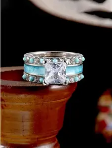 3pcs Style Simple Design Engagement Ring With Blue Turquoise Stone For Women