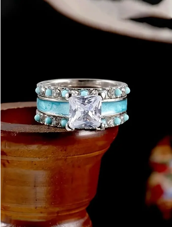 3pcs Style Simple Design Engagement Ring With Blue Turquoise Stone For Women