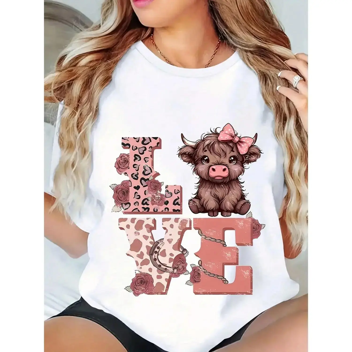 Plus Size Highland Cow Women's Shirt, Casual Chic - Casual Crew Neck Short Sleeve For Daily Wear, Casual Wear, Seasonal Fashion, Comfortable Material, Party Apparel | Fun Graphic Shirt | Comfortable Fit