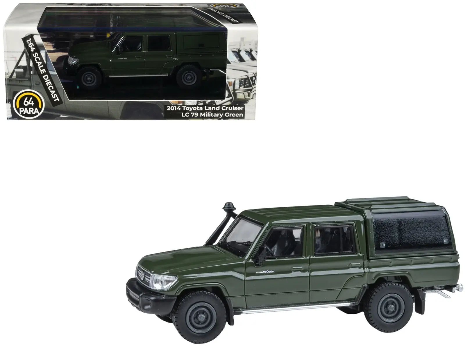2014 Toyota Land Cruiser LC 79 with Camper Shell Military Green 1/64 Diecast Model Car by Paragon