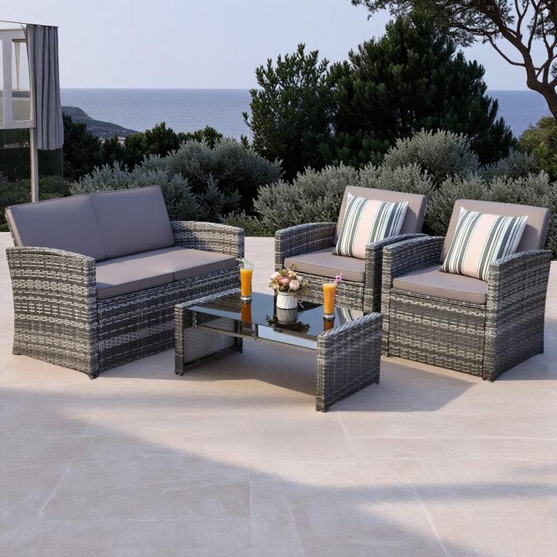 【Restock】Murago 4 PiecePatio Furniture Set, Wicker Outdoor Conversation Sets, Patio Furniture with Matching Wicker Coffee Table, Sofa, and 2 Chairs,Grey Rattan with Navy Blue Cushion