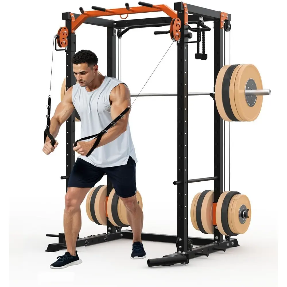 Power Cage, Power Rack with Cable Crossover System, 2000LBS Squat Rack with LAT Pull Down System, Workout Cage with Pulley System for Fitness Home Gym Strength Training (Red&Black)