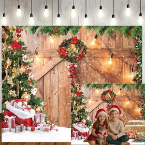 7x5ft Christmas Barn Door Backdrop Christmas Rustic Wooden Wall Background Xmas Tree Snow Holiday Party Banner Decoration Photo Booth
