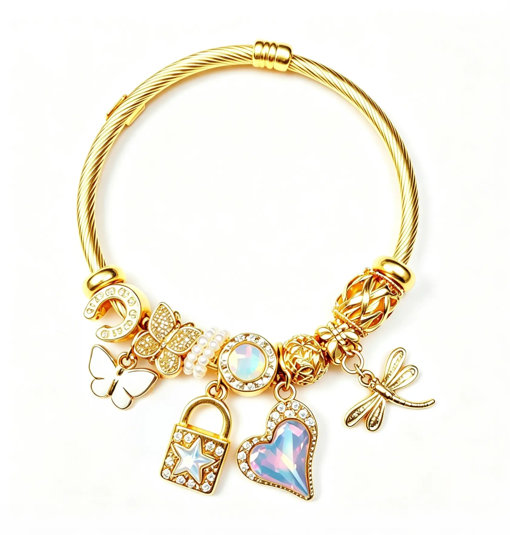 Gold Twisted Cable Charm Bangle Bracelet, Iridescent Heart Crystal Lock Star Dragonfly Butterfly Moon Charms Bracelet, Adjustable Open Cuff Jewelry Gift for Women
