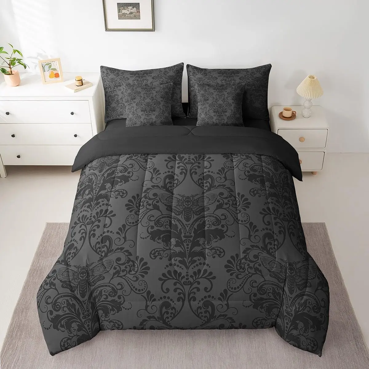 Feelyou 7-Piece Gothic Damask Bedding Quilt Set - Black Grey Victorian Floral Bedsheet Sets with Exotic Moth Microfiber Soft Bagged Bedding Collections