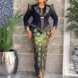 Women's Two-Piece Set with Embellished Peacock Feather Design and Long Skirt for Elegant Occasions