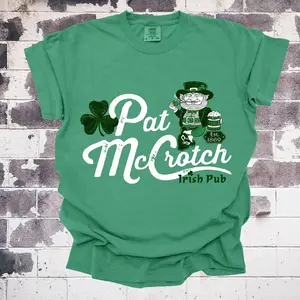 Pat McCrotch Irish Pub Green T-Shirt with Leprechaun Design and Shamrock Motif for St Patrick's Day Celebrations