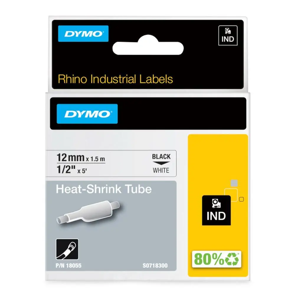 Dymo Rhino P/N 18055 Heat-Shrink Tube Label Maker Tape, 12mm Black-on-White, for Cable Labeling & Industrial Labels