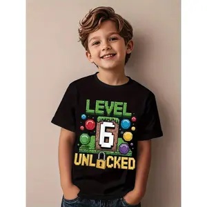 Level 6 Unlock 6th Birthday Party Boys' Shirt - Vibrant Pixel Art Design With Number 6 & Colorful Confetti, Casual Round Neck Summer Top For Boys, Birthday Shirt, Kids Celebration Clothing, Playful Graphic Tee