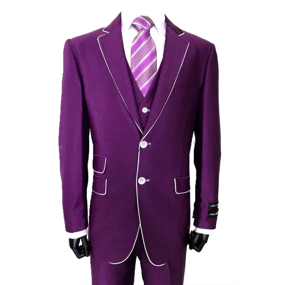 Mens Vested Slim Fit Shiny Sharkskin Tuxedo Suit in Purple with White Piping