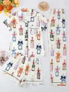 Women's Sleepwear Loungewear Ribbon Pajamas Set, 2026 New Spring Summer Button Front Short Sleeve Top & Loose Comfortable Shorts Pants, Casual Wine Bottle Pattern