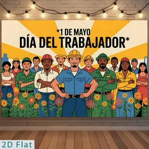 2D Flat - 2D Flat - Flat 2D for Party Banners, One Polyester Backdrop for May 1St Labor Day with Floral Worker Design, Perfect for Celebrating Spanish Labor Day. Ideal for Decorating Parties in Gardens, Clubs