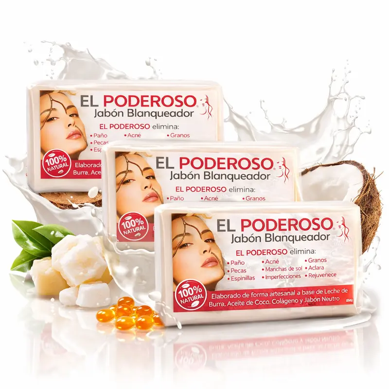 El Poderoso Handmade 3-Bar Multi-Pack Soap (100g Each) - Naturally Derived Goat Milk, Coconut, Collagen Cleanser for Normal Skin, Acne Relief, Blemish Soothing, Blackhead Removal, Dark Spot Correction, Pacho Elimination