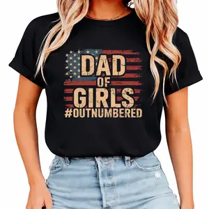 Dad of Girls Outnumbered Patriotic American Flag T-Shirt - 100% Soft Breathable Lightweight Retro Graphic Tee with Stars & Stripes Design, Slightly Elastic Comfort Fit,