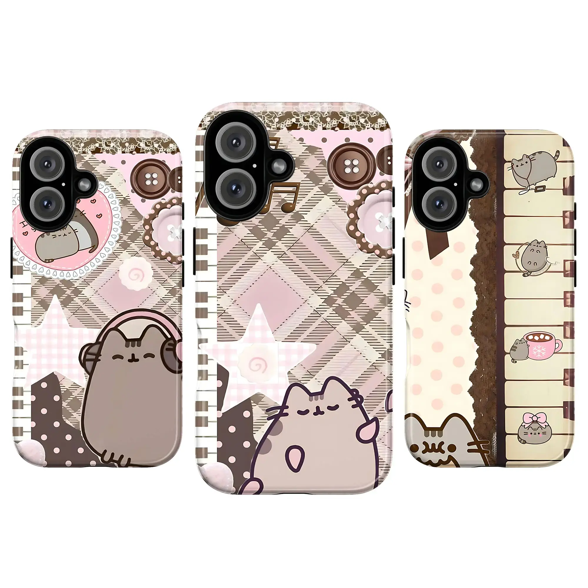 Kawaii Pusheen Cat Phone Case, Aesthetic Soft Pink Coquette Mobile Phone Accessory for iPhone 11-17 & Galaxy S21-S26, Y2K Cartoon Anime Kitten Tough Durable Protective Shell, Soft Girl Vintage Plaid & Piano Music Note Design, Girly Gift for Her, Accessori