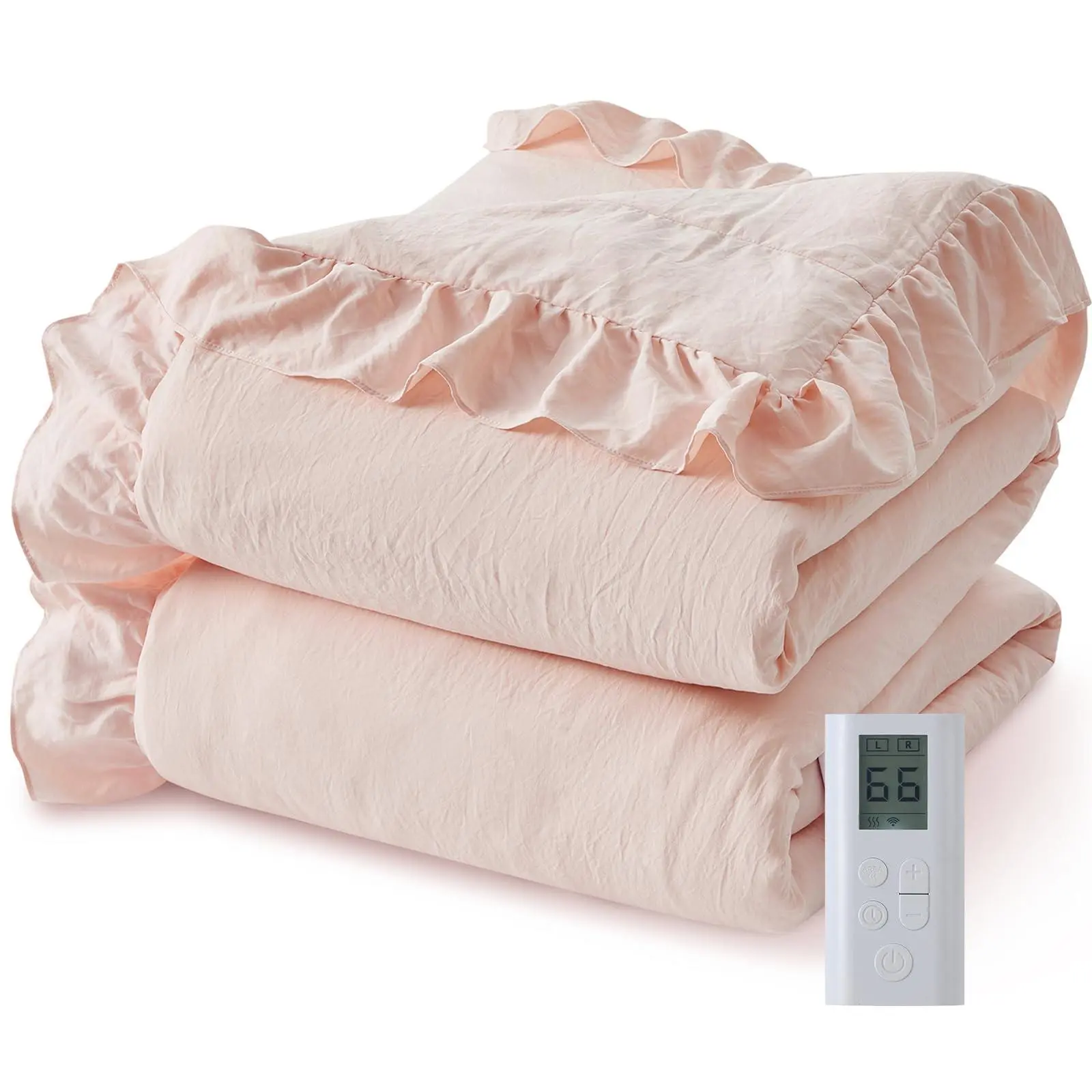 GARVEE Queen Size Heated Comforter, Ruffle Electric Quilt with Wireless LCD Controller, Fast Heating, Overheat Protection, ETL Certified, Machine Washable (Pink, 90"x90"), Wireless Controller