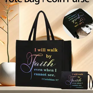 Tote Bag Set, Stylish Tote Bag, With Motivational Letters "I Will Walk By Faith Even When I Cannot See" Printed On It, Reusable Tote, Portable Shopping Bag, Makeup Bag, Lightweight Foldable Storage Bag