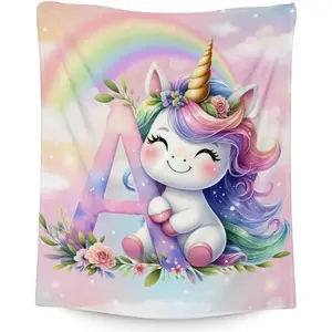 Personalized Initial Birthday Gifts, Unicorn Blanket, 40 x 30 Inches Kids Blanket for Children, Cozy Flannel Throw Blanket Gift for Girls, Pets, Unicorn Lovers, Soft Throws for Chair, Couch Sofa