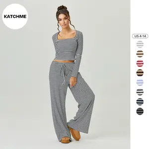 KatchMe Women's Slouchy Square Neck Stripe Long Sleeve Crop Top & Low-Rise Wide Leg Trousers Co-ord, Minimalist Two Piece Outfits, Cozy Womenswear（CN）