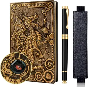 Vintage Flying Dragon Notebook,DND Travel Journal,A5 Daily with Ballpoint Pen and Pen Sleeve,3D Embossed PU Leather Journal Writing Notebook Gift for Men&Women (Bronzed)