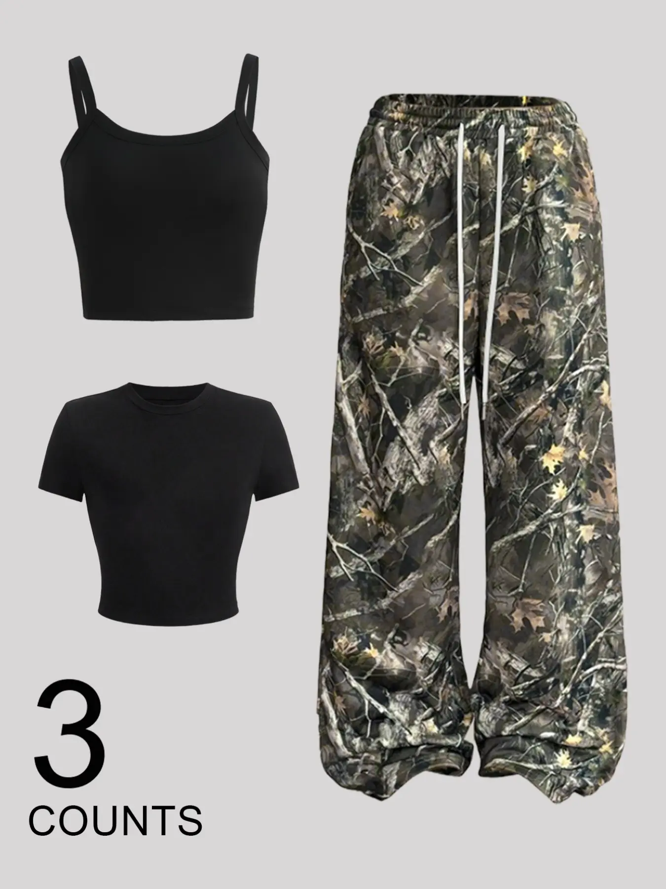 American Retro Punk Style Women's Fashion Set, Fitted Crop Short Sleeve Top + Camouflage Print Long Pants Three Piece Set, Casual Streetwear for All Seasons