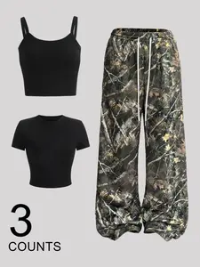 American Retro Punk Style Women's Set, Fitted Short Sleeve Top + Camo Long Pants Three Piece Set, Casual Streetwear for All Seasons