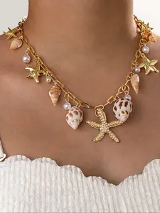 Bohemian Style Alloy Starfish Pendant Necklace, Statement Necklace, Shell Conch Tassel Design, Perfect for Vacation Holiday Gift, Women Jewelry