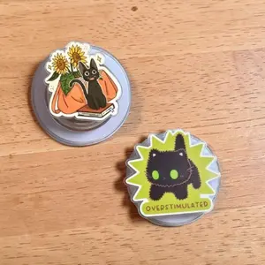 Overstimulated Black Cat & Book Flower MagSafe Phone Grip, Magnetic PopSocket Stand, Cute Kawaii Cat Phone Holder Gift