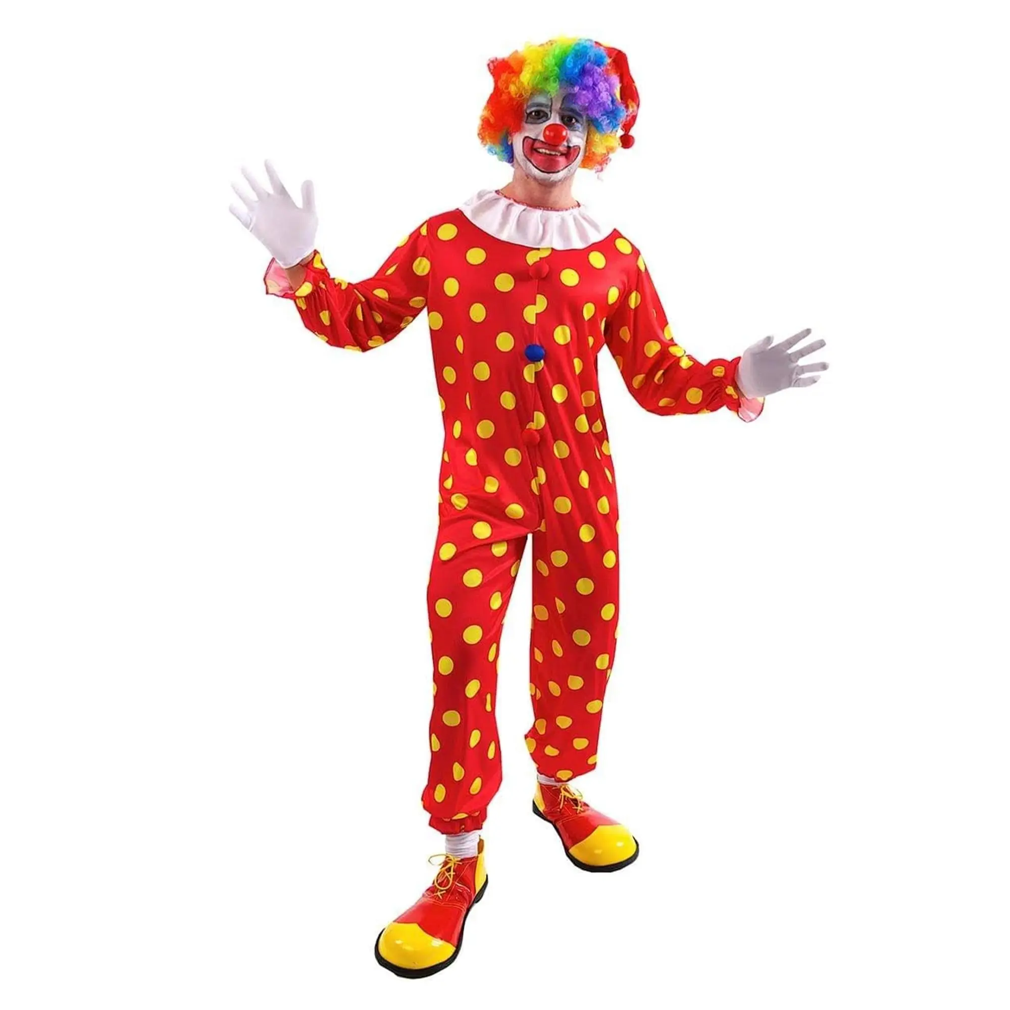 Men's Clown Jumpsuit Costume - Red Polka Dot Outfit with Matching Hat and White Ruff for Halloween Special Occasion Menswear