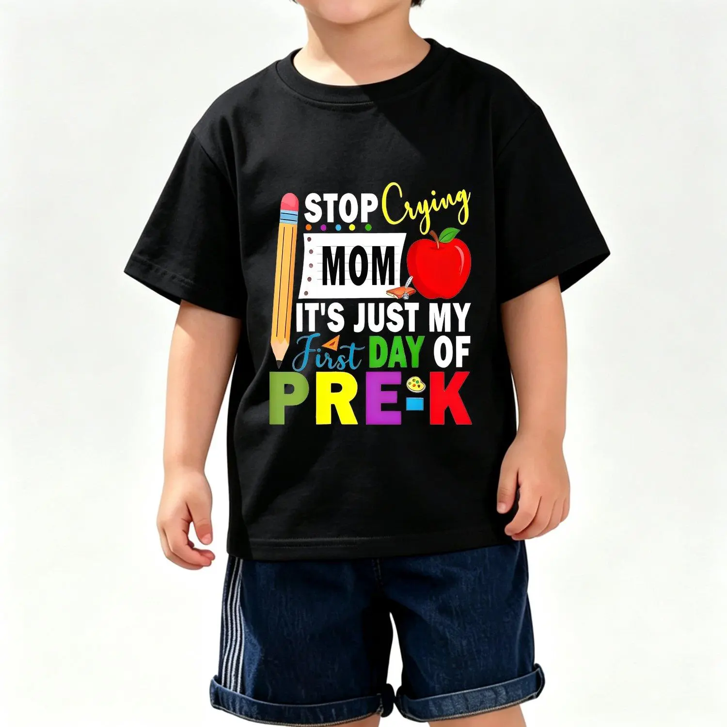 Funny First Day of Pre K Kids T Shirt Stop Crying Mom Its Just My First Day of Pre K Cute Pencil Apple Graphics Back to School Tee