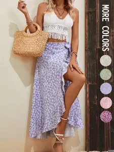 Ditsy Floral Print Ruffle Trim Tie Side Wrap Skirt, Women's Bohemian Lace Up Midi Skirt for Everyday Wear and Garden Parties, Ideal for Vacations