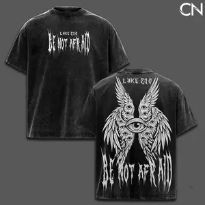 Luke 2:10 Angel of Faith A Christian Graphic Tee, A Be Not Afraid Message Shirt, Heavyweight Washed Unisex Oversized Fit, A Double Sided Angel and Scripture Print, A Gothic Inspired Clothing Merch Gift
