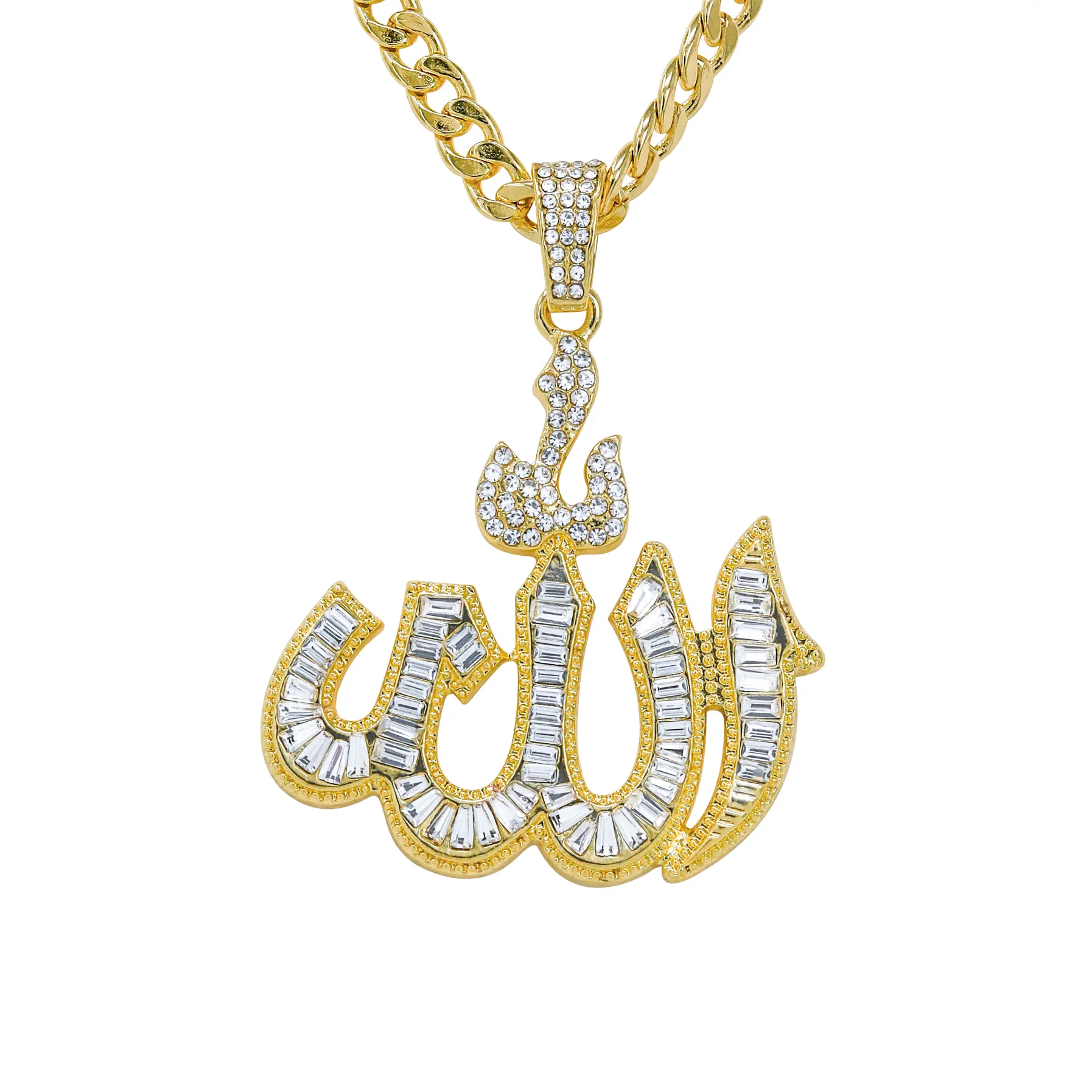 Baguette Allah Pendant with Cuban Chain – 52mm Pendant, 6mm Chain, Gold / Silver Tone – Alloy with Coated Finish
