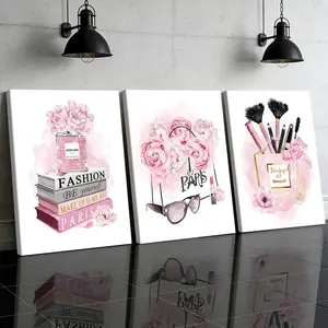 3 Counts Wooden Framed Canvas Painting, Pink Fashion Perfume Makeup Art Images, Exquisite Poster, Vintage Prints, Perfect Living Room Decoration, Modern Home Decoration, Modern Art, Fashion Family Poster, Wall Art Decoration, Waterproof Art