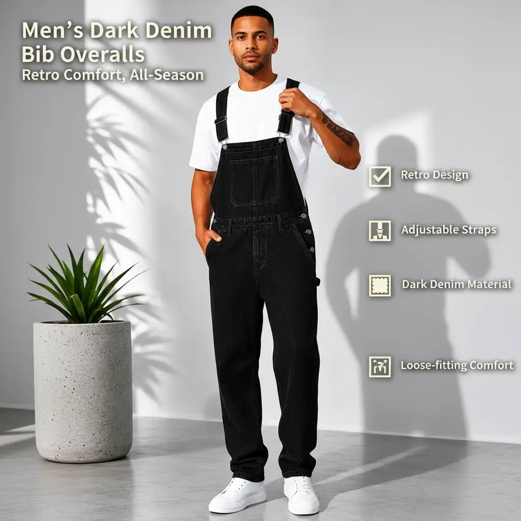 ESDVQ Men's Retro Woven Classic Denim Bib Overalls - Rugged Style, Baggy Adjustable Straps, Below-Ankle Loose Stretch Dark Blue, Built-In Pockets for Construction Casual Work Wear, Plain Design, Casual Adjustable Coveralls, Loose Fit Overall, Stretchy Den