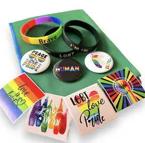 Rainbow Gay Pride Flag Set - 5x3 ft Flag, Plastic/metal  Pride Pins, Stickers & Wristbands  - Flag/ Banners is  Lightweight and Waterproof