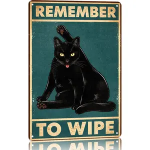 Funny Black Cat Bathroom Decor "Remember to Wipe" Metal Wall Art Sign 12" x 8" Humorous Cat Wall Decor for Bathrooms Kitchens & Laundry Rooms