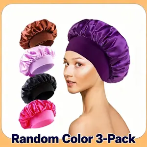 3pcs Women'S Soft Polyester Satin-Like Shower Caps with Adjustable Elastic Band & Pleated Design - Curly & Straight Hair Nightcap, Dry Hair Cap for Bed, Bath, Travel - Frizz-Free Hair Protection, One-Size-Fits-All (No-Slip, Durable & Comfortable)