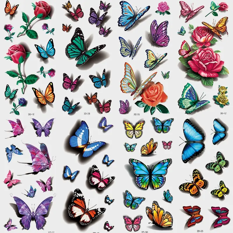 8 Sheets Colorful Butterfly Rose Temporary Tattoos, Realistic Watercolor Tattoo Stickers for Women, Arm Sleeve Fake Tattoos, Ephemeral Tattoos