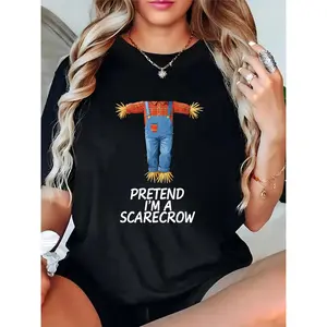 Women's Halloween Scarecrow Graphic T-Shirt - "Pretend I'm a Scarecrow" Funny Fall Casual Tee for Party & Halloween Costumes 100% Cotton T-shirt