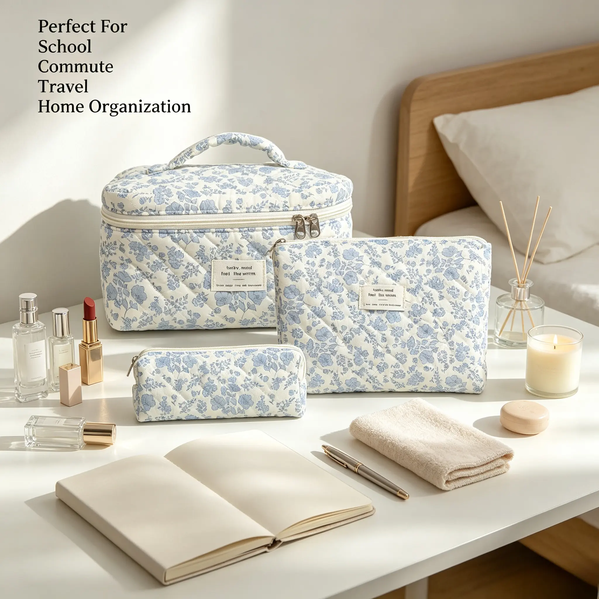 FEVERLZONG Women's 3-Pcs Chic Padded Cotton-Polyester Quilted Floral Print Makeup Bag Set - Water-Resistant, Zipper Closure, Large Capacity, Compact & Easy Carry Daily Travel Beauty Pouch with Pencil Case for Luggage Organization