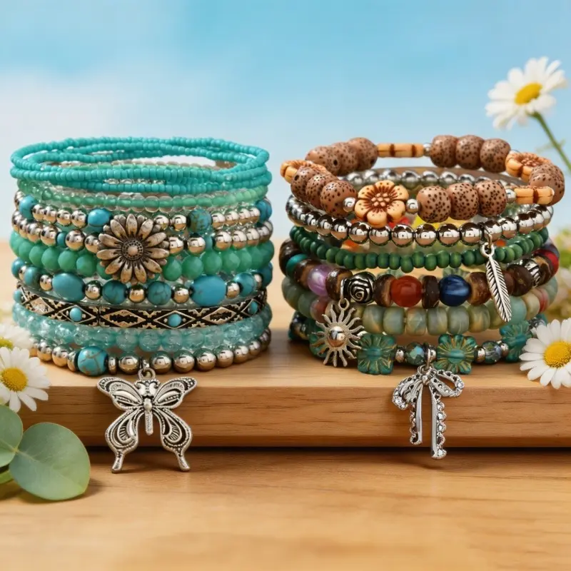 17Pcs Boho Multi-Layer Beaded Bracelet Set for Women, with Butterfly & Flower Charms, Bohemian Vintage Jewelry, Ideal Daily Wear & Holiday Gifts