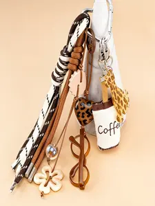 Coffee Brown Leopard Print Cute Key Bag Charm, Purse Charm, Vintage And Artsy Sweet-Cool Style, Decorated With Coffee Cup, Heart, And Glasses Tassel Strap, Suitable For Key Storage, Bag Accessory, Perfect For Daily Commuting And Dates