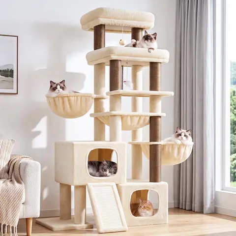 DESKAT 63-Inch Modern Freestanding Cat Tree Scratcher - Vertical Sisal Post & Board for Large Breeds, Multi-Level Tower with 2 Condos, 3 Hammocks, Supports 4+ Indoor Cats’ Claw Care & Climbing Needs, 63 Inches