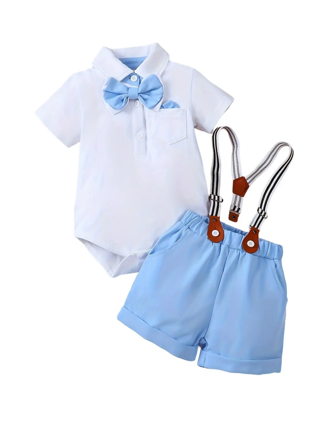 Baby Boy Formal Set, Outfit Includes Bow Tie, Solid Color Short Sleeve Romper & Shorts, Ideal Gentleman Wear for Walking Kids, Baby Infant Clothing, Clothes